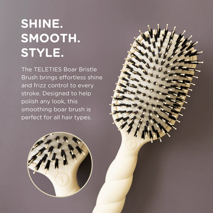 Teleties Hair Brush with anti-static cream boar bristles, available in multiple sizes; close-up shows bristle detail.
