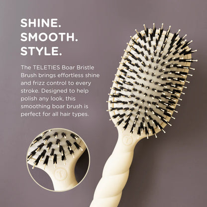 Teleties Hair Brush with anti-static cream boar bristles, available in multiple sizes; close-up shows bristle detail.