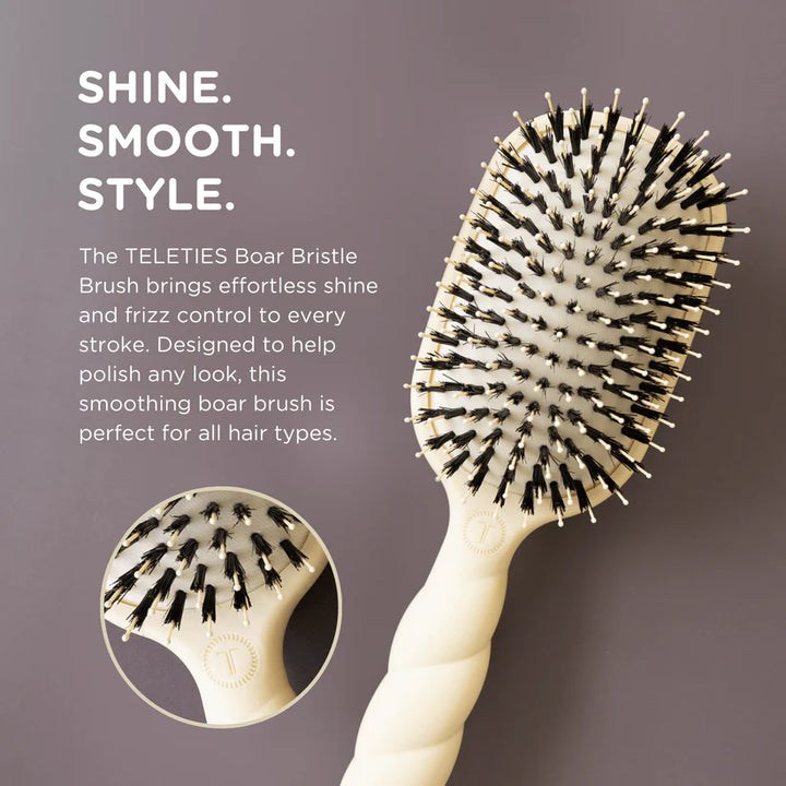 Teleties Hair Brush with anti-static cream boar bristles, available in multiple sizes; close-up shows bristle detail.
