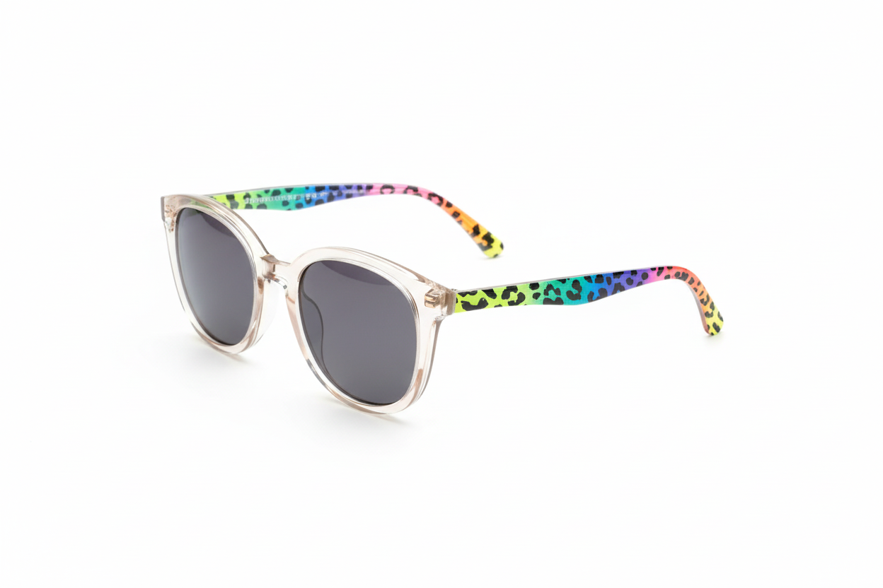 Neon Cheetah Print Sunglasses with clear frames, dark UV-protective lenses, and rainbow leopard-patterned arms in green, yellow, blue, purple, orange, and black spots. Available in small, medium, and large sizes.