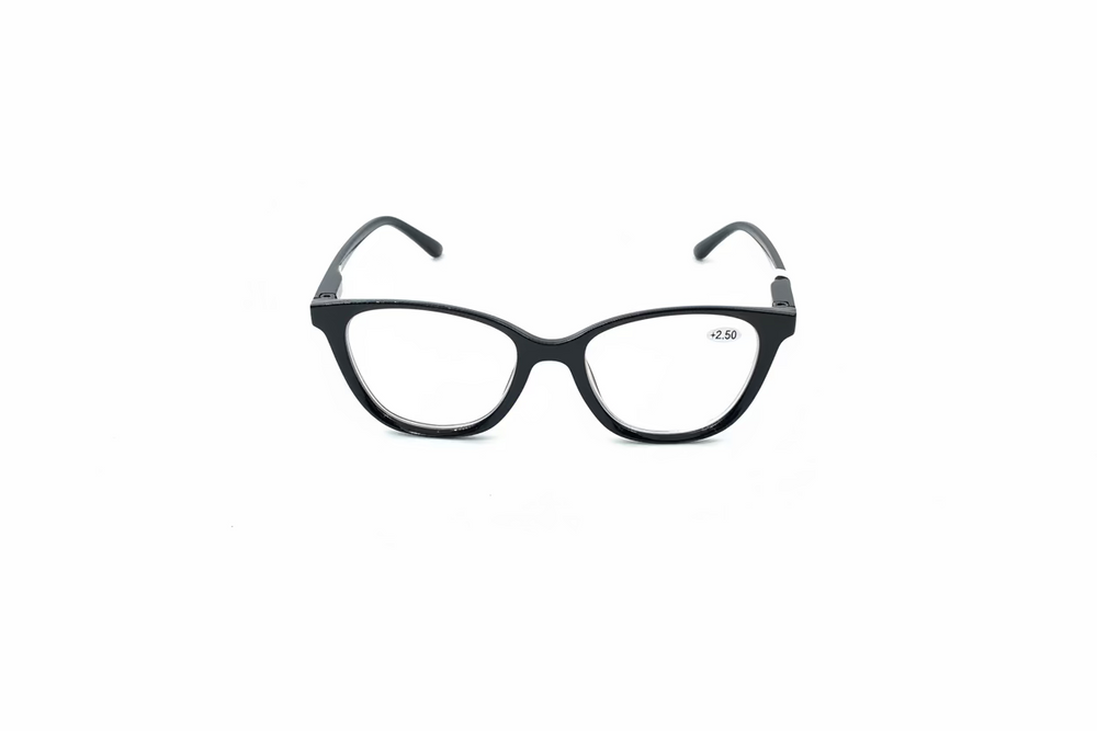 Black cat-eye reading glasses with clear lenses and +2.50 magnification. Available in sizes S, M, and L.