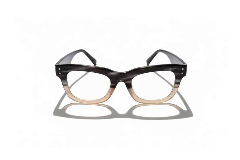 Two Tone Reading Glasses +2.50 with thick, rectangular frames that gradient from black to light beige; available in +2.50 strength.