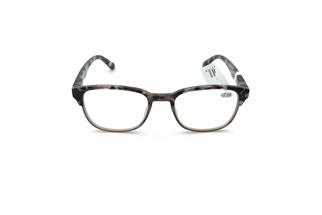 Black Print Reading Glasses +2.50, dark marbled frames, clear lenses. Available size: +2.50. Price tag attached to right temple.
