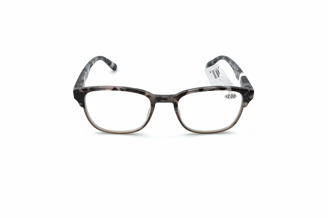 Black Print Reading Glasses +2.50, dark marbled frames, clear lenses. Available size: +2.50. Price tag attached to right temple.