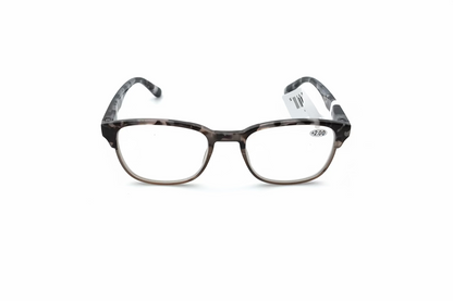 Black Print Reading Glasses +2.50, dark marbled frames, clear lenses. Available size: +2.50. Price tag attached to right temple.