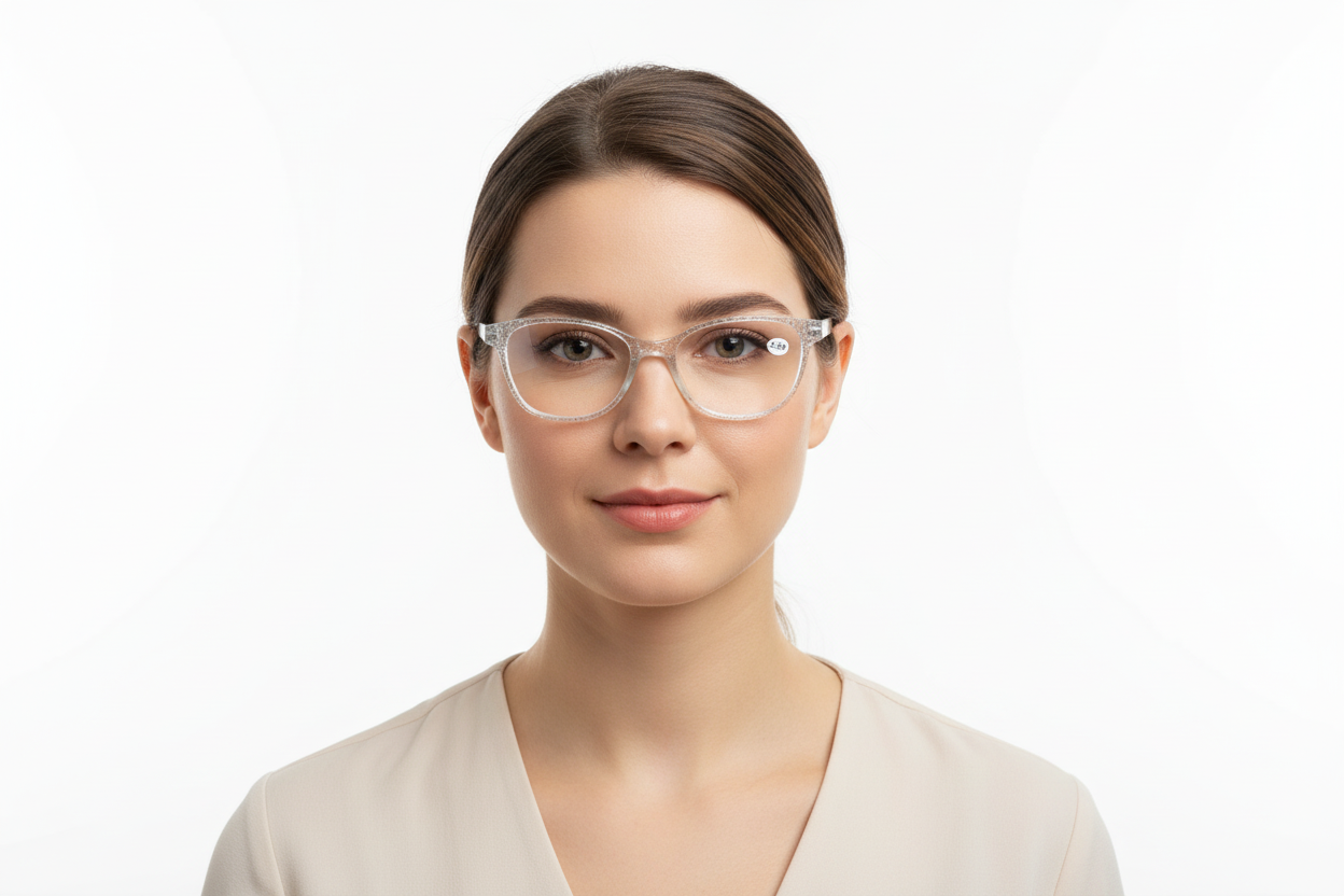 Clear glitter frame reading glasses, +2.50 magnification. Available in multiple strengths.