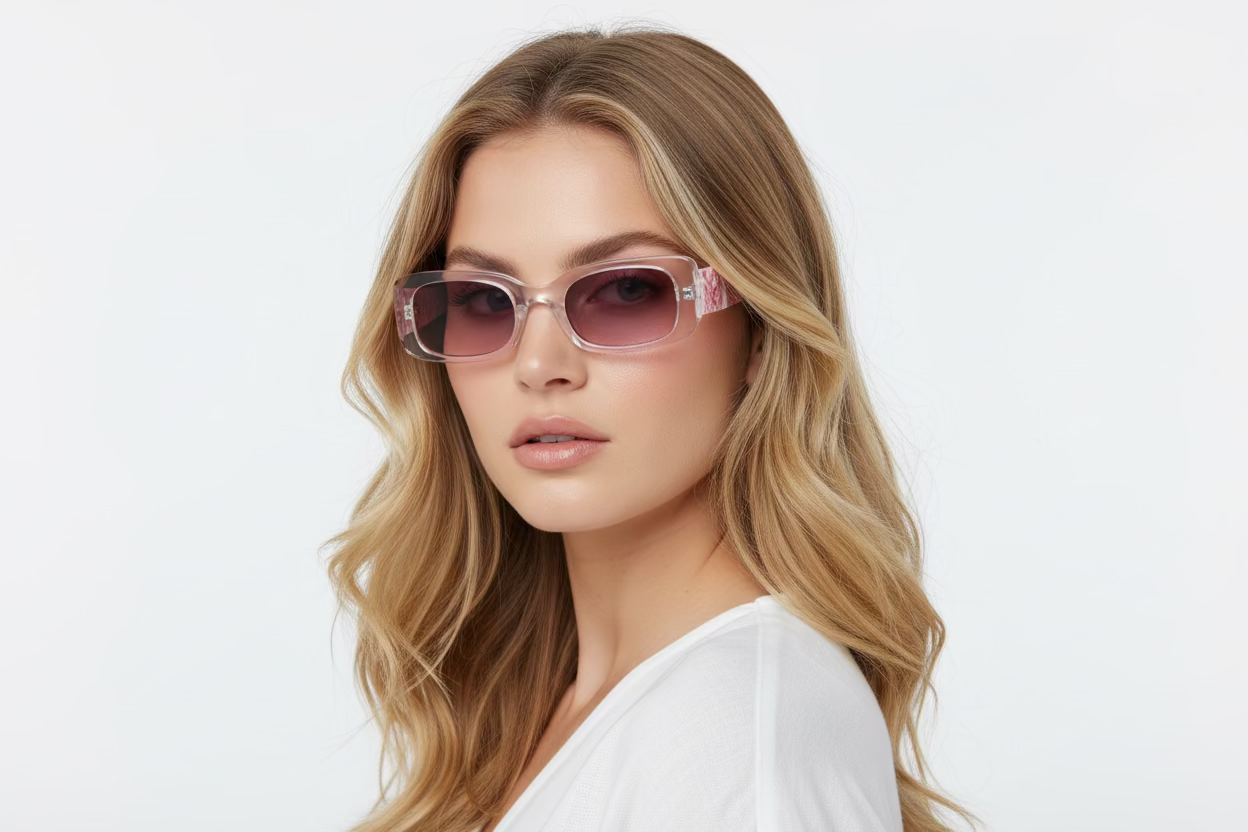 Stylish Sunglasses with pink-tinted lenses. Available in sizes S, M, L.