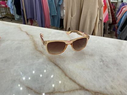 Amber sunglasses with beige and pink frames, UV protection. Available sizes: small, medium, large.