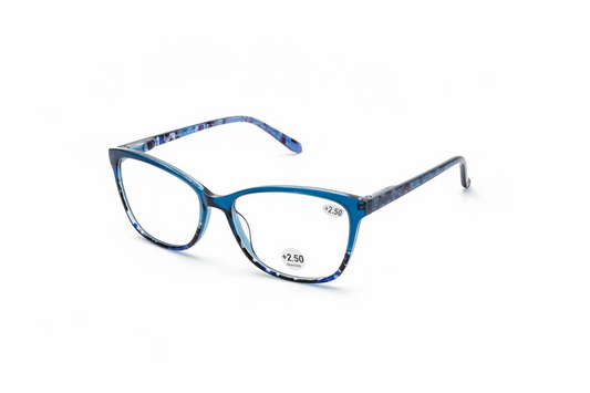 Cat-eye reading glasses with blue and black patterned frames, clear lenses, +2.50 magnification; available in multiple sizes.