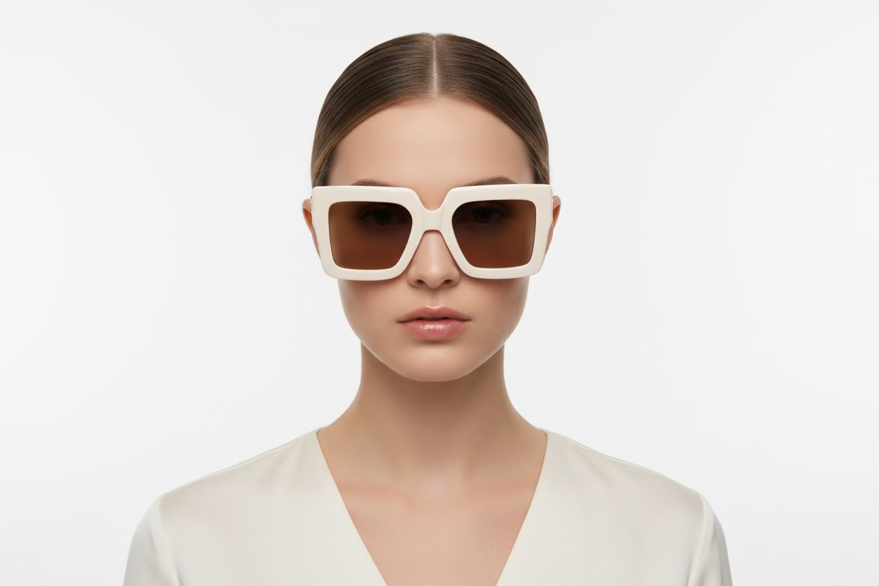 Cream Square Gold Frame Sunglasses with UV protection and oversized square design. Available in S, M, L.