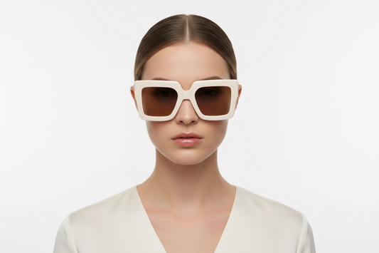 Cream Square Gold Frame Sunglasses with UV protection and oversized square design. Available in S, M, L.