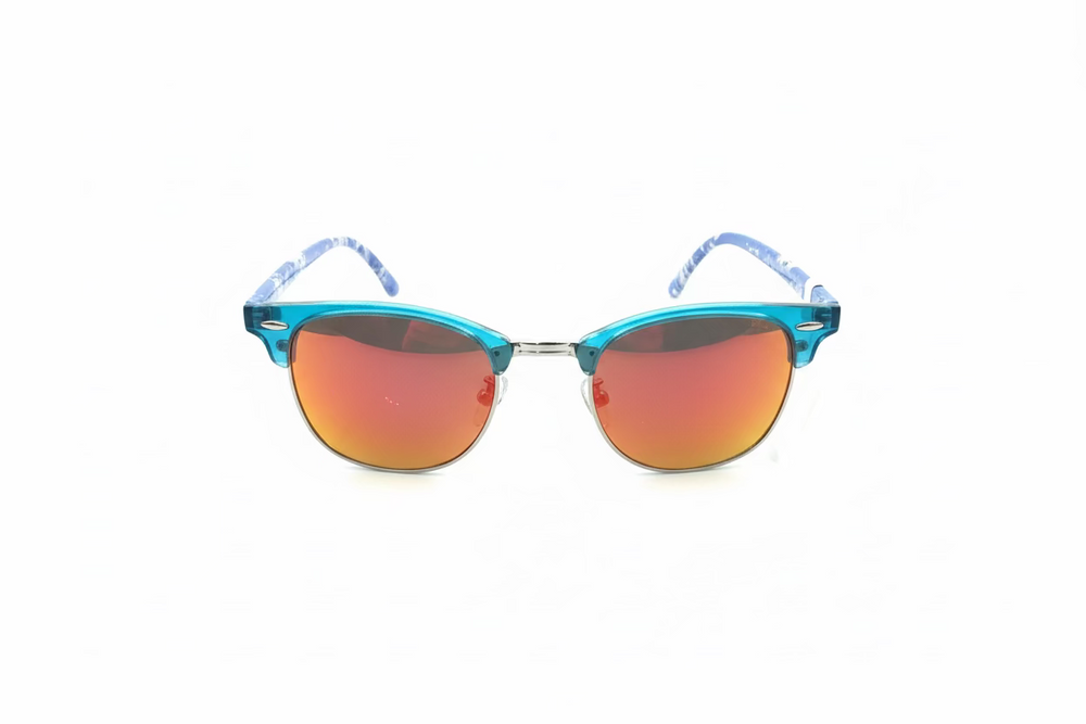 The Blue Print Women’s Sunglasses have teal blue frames, red-orange mirrored lenses, and provide UV protection. Available in sizes small, medium, and large.