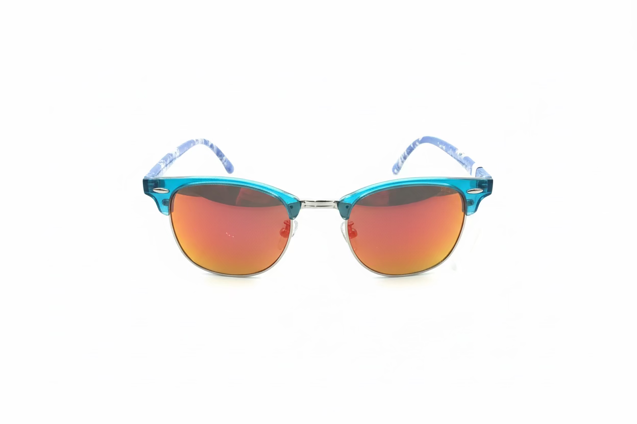 The Blue Print Women’s Sunglasses have teal blue frames, red-orange mirrored lenses, and provide UV protection. Available in sizes small, medium, and large.