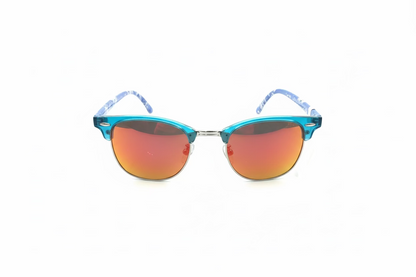 The Blue Print Women’s Sunglasses have teal blue frames, red-orange mirrored lenses, and provide UV protection. Available in sizes small, medium, and large.