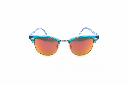 The Blue Print Women’s Sunglasses have teal blue frames, red-orange mirrored lenses, and provide UV protection. Available in sizes small, medium, and large.