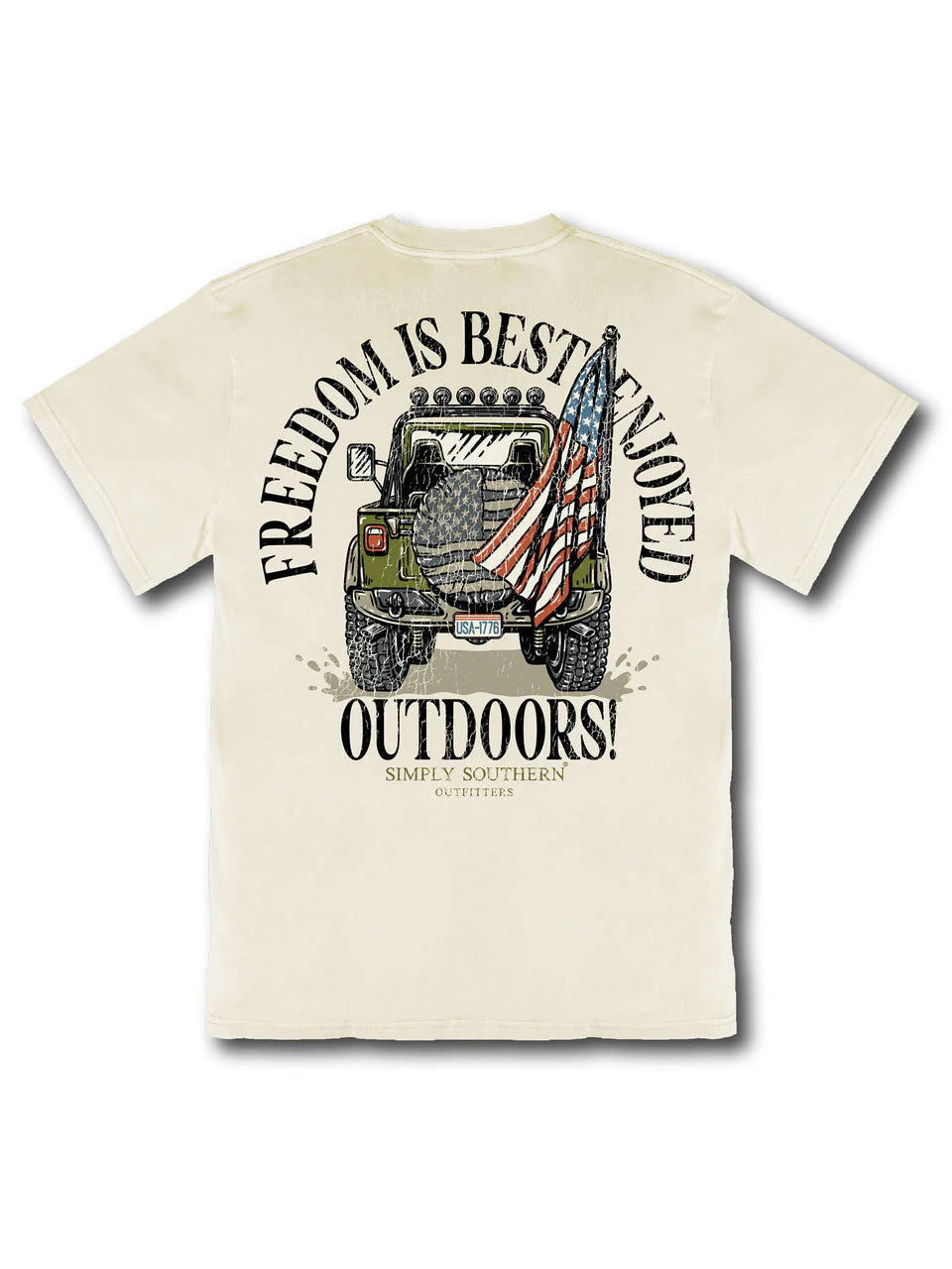 Beige unisex tee with Jeep, dog, US flag graphic, slogan on back. Sizes: S-XXL.