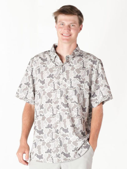 Men’s Grey Camo Polo, short-sleeve and breathable. Available in sizes S-XXL.