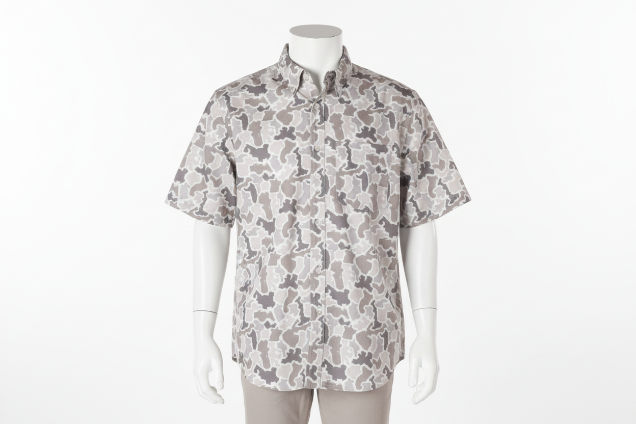 Men’s Grey Camo Polo, short-sleeve, button-up, breathable. Available in sizes S-XXL.