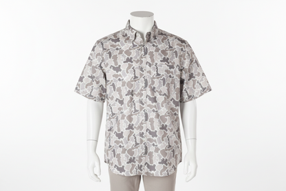 Men’s Grey Camo Polo, short-sleeve, button-up, breathable. Available in sizes S-XXL.