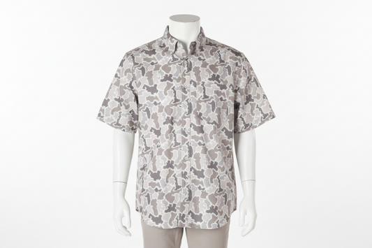 Men’s Grey Camo Polo, short-sleeve, button-up, breathable. Available in sizes S-XXL.