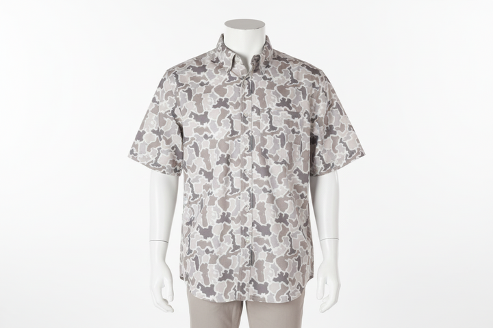 Men’s Grey Camo Polo, short-sleeve, button-up, breathable. Available in sizes S-XXL.