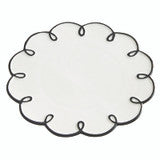 Round white ceramic appetizer plate with a black scalloped edge and looped border. Available in multiple sizes.
