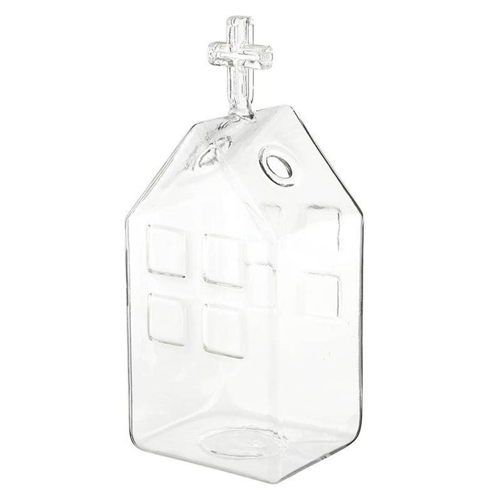 Holiday Glass House | Santa Barbara clear glass house-shaped ornament with roof cross and etched windows.