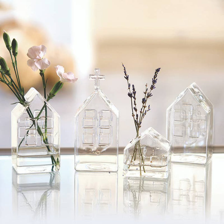 Holiday Glass House vases with embossed window and door details. Available in four sizes.
