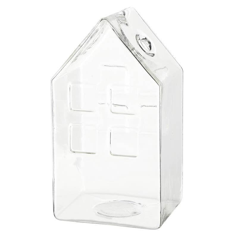 Holiday Glass House | Santa Barbara, clear glass house-shaped ornament with etched windows and hanging loop.