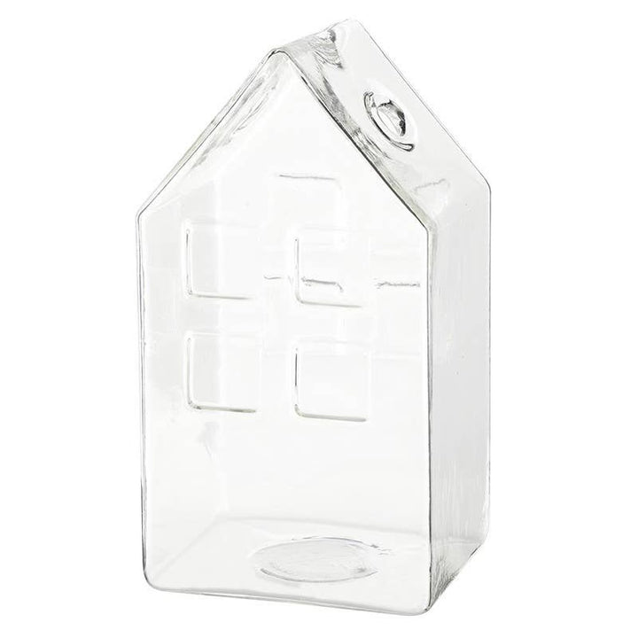Holiday Glass House | Santa Barbara, clear glass house-shaped ornament with etched windows and hanging loop.