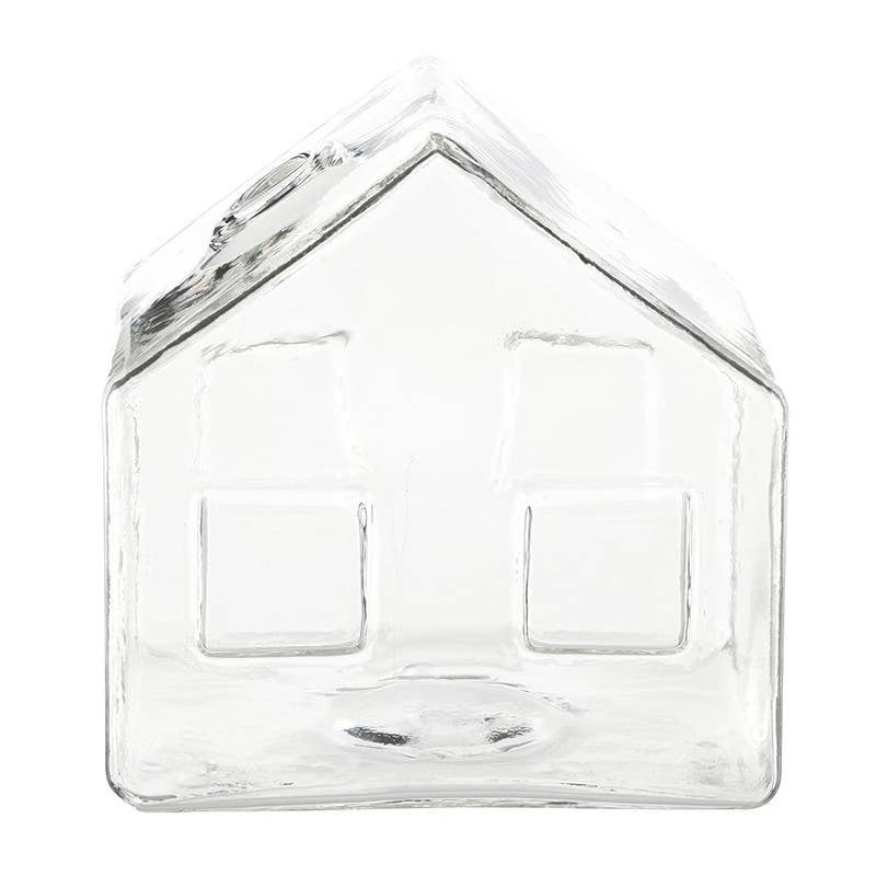 Holiday Glass House | Santa Barbara clear glass house-shaped decorative container.