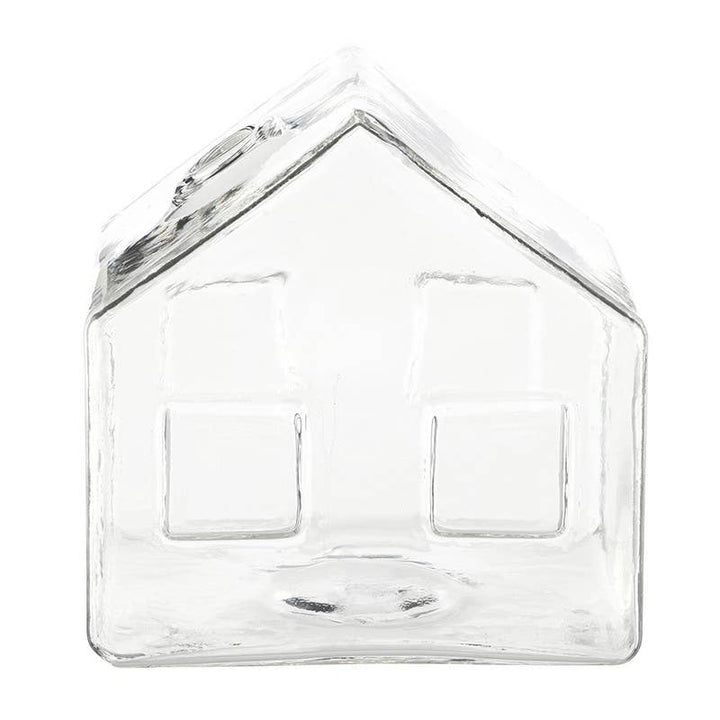 Holiday Glass House | Santa Barbara clear glass house-shaped decorative container.
