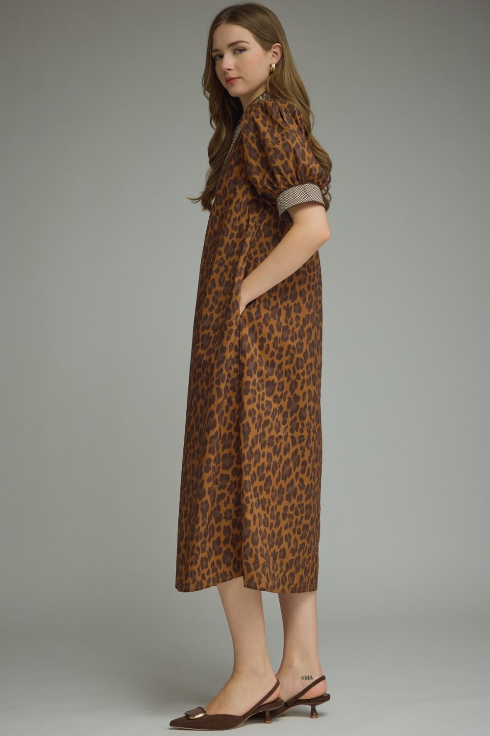 Brown Leopard Print Maxi Dress with short puff sleeves and functional pockets; available in sizes XS–XL.