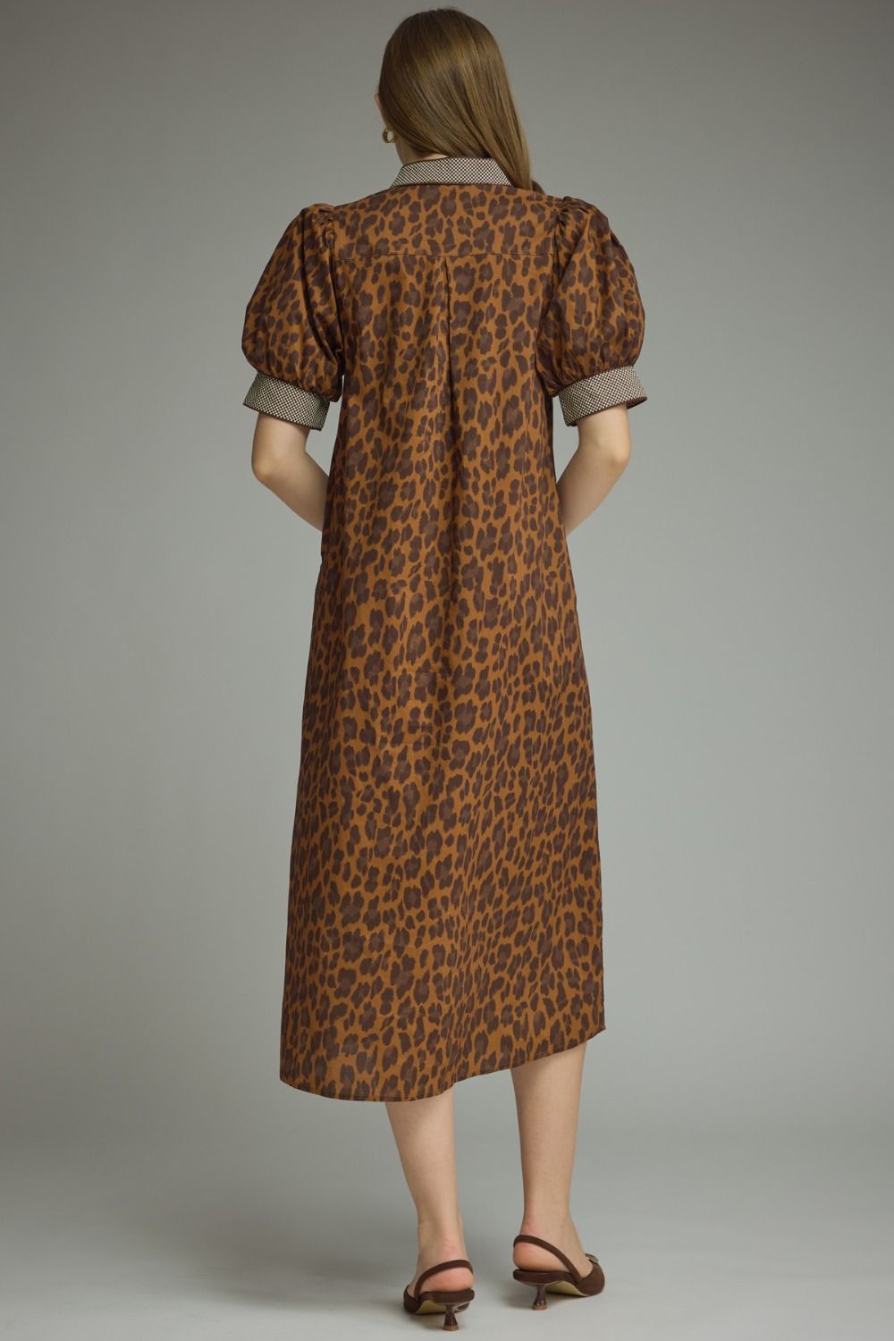 Brown Leopard Print Maxi Dress with collar, short sleeves, calf-length hem, and functional pockets. Available in sizes XS-XL.