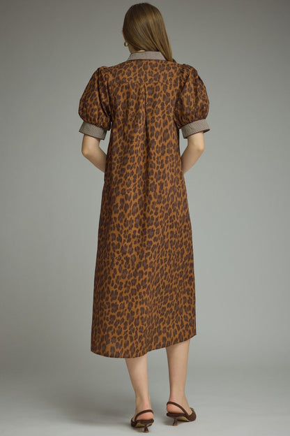 Brown Leopard Print Maxi Dress with collar, short sleeves, calf-length hem, and functional pockets. Available in sizes XS-XL.