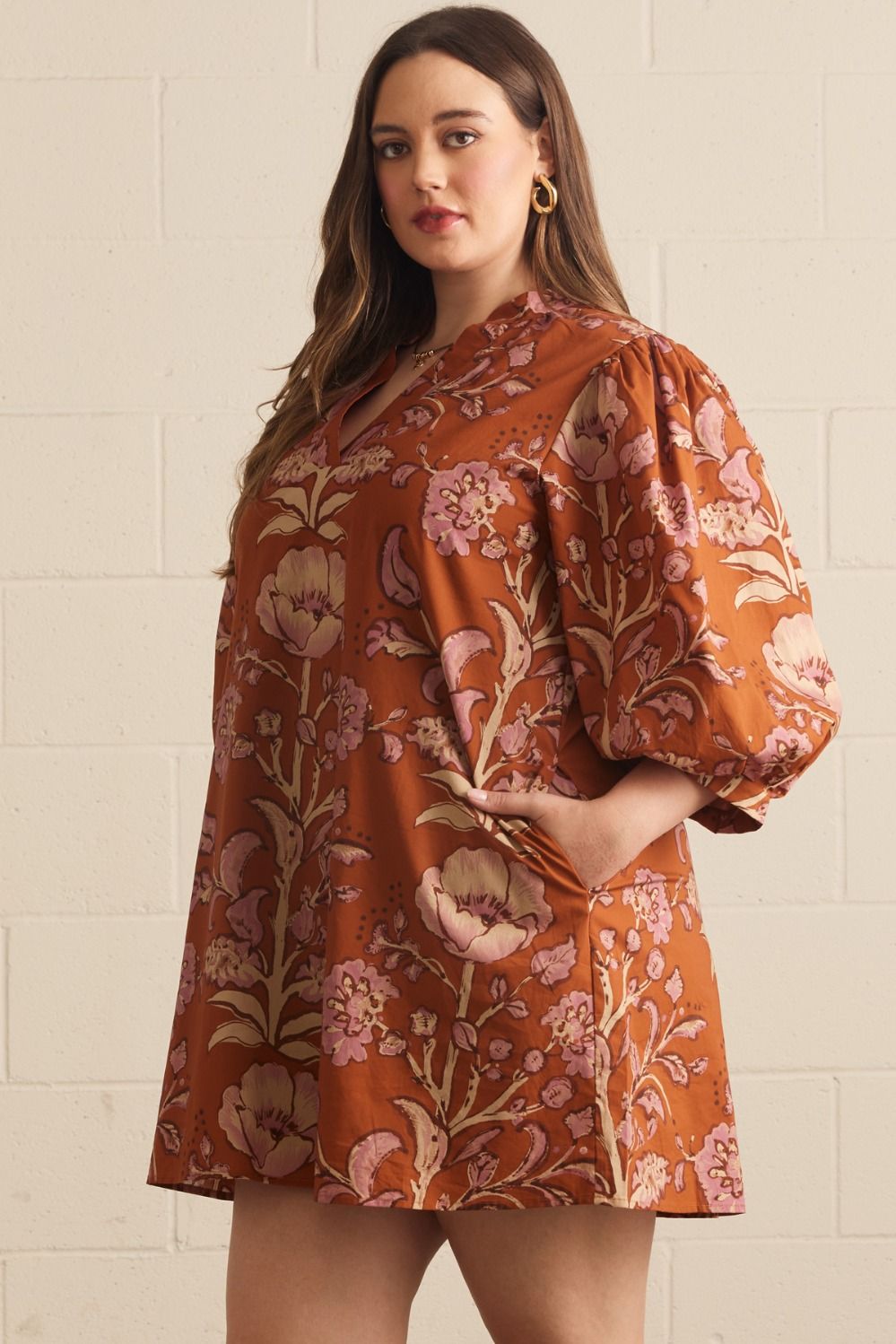 Autumn Rust Long-sleeve Dress with fitted waist; available in sizes XS-XL.