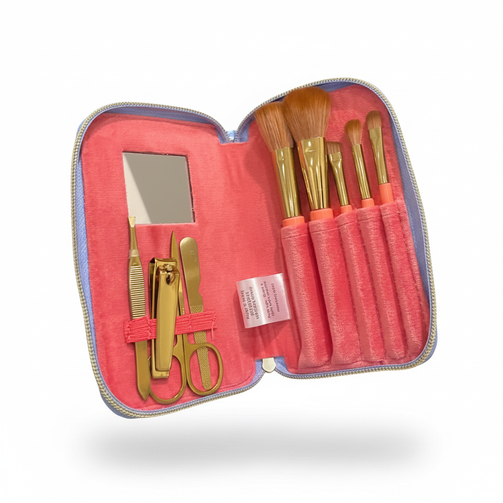 Pink travel case containing a polka dot mirror, gold manicure tools, tweezers, scissors, nail file, and four gold-handled makeup brushes. Sizes available: standard.