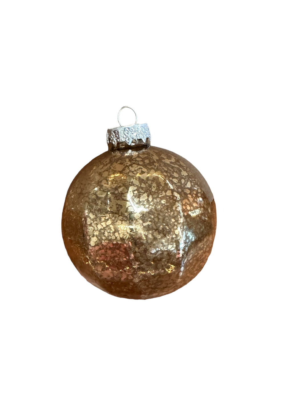 Round gold ornament with metallic speckled texture and silver cap.