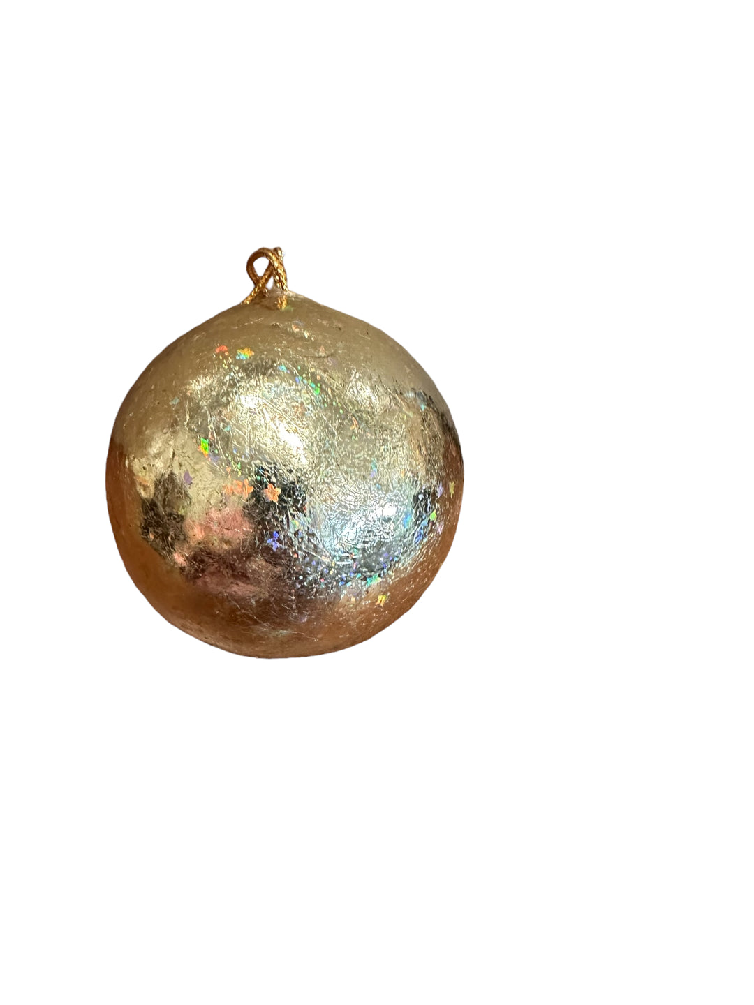Textured spherical gold ornaments with hanging loops.