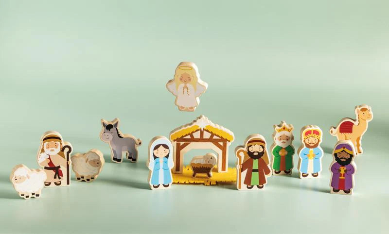 Wood Nativity Toy Set with barn, Holy Family, angel, shepherds, wise men, and animals.