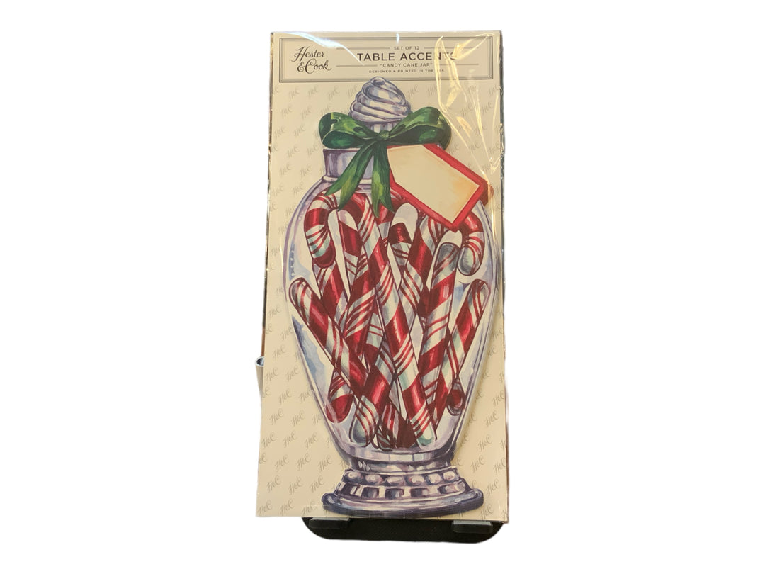 Pack of 12 Candy Cane Jar Table Accents shaped like glass jars filled with candy canes, each with a green bow and blank gift tag.