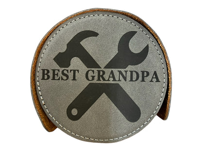 Round leather coaster with hammer and wrench design and "BEST GRANDPA" engraving. Available sizes: 4", 4.5".