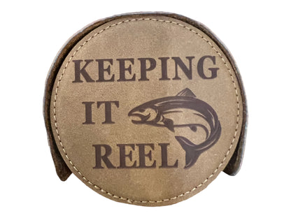 Round brown leather coaster, engraved "KEEPING IT REEL" with fish illustration. Available in 4" and 6" diameters.