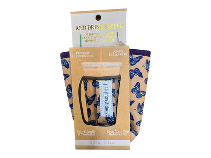 Iced Drink Sleeve - Simply Southern, blue butterfly pattern, keeps drinks cold, prevents condensation. Available in multiple sizes.