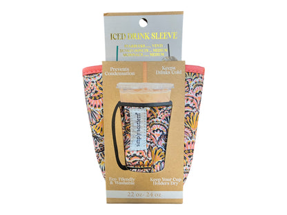 Simply Southern Iced Drink Sleeve, pink/orange/black pattern, fits 22–24 oz cups, eco-friendly, washable.