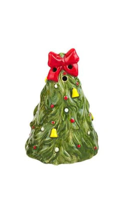 Vintage Christmas tree salt and pepper shakers with red bow and colorful ornaments.