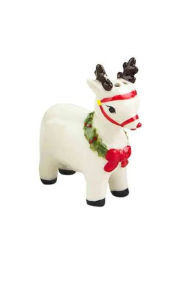 Vintage Christmas ceramic reindeer salt and pepper shaker set with wreath and red bridle.