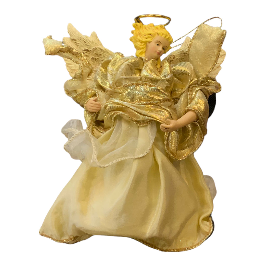 Gold Angel ornament with halo, wings, and gown with metallic gold accents.