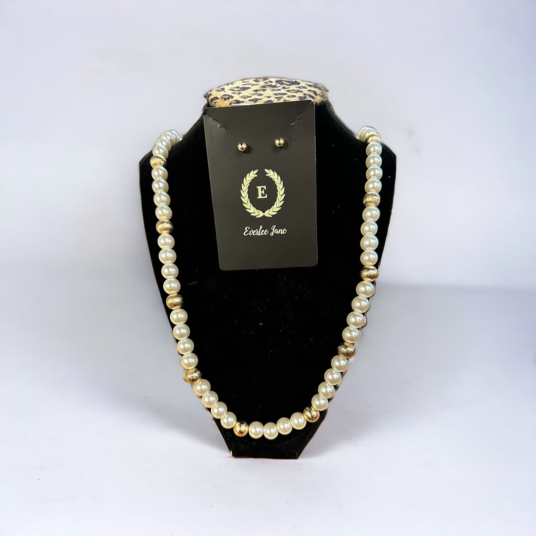 Long pearl necklace with gold beaded balls and matching pearl stud earrings, lead safe. Available sizes: 16", 18", 20".