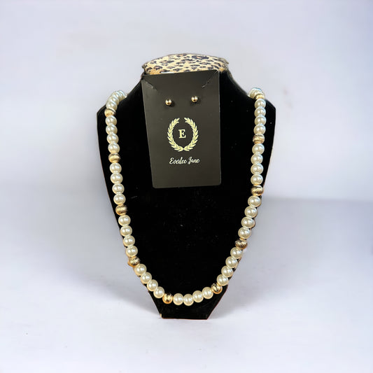 Long pearl necklace with gold beaded balls and matching pearl stud earrings, lead safe. Available sizes: 16", 18", 20".